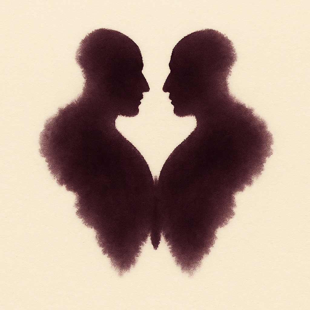 An inkblot that reads as two people facing each other